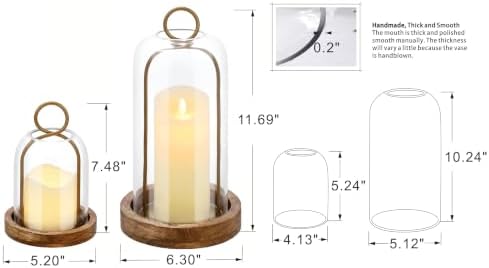 Set of 2 Versatile Vintage Brass Metal Candle Holder with Handmade Sturdy Glass Dome and Natural Wooden Base for Pillar Candle & Plants, Industrial, Farmhouse, Shabby Chic, Display Cloche Bell Jars - Image 2