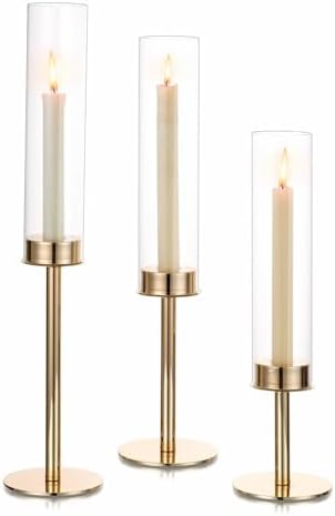 Hewory Gold Candlestick Holders: 3PCS Cylinder Glass Hurricane for Tapers by Hewory