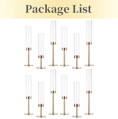 Hewory Gold Candlestick Holders: 12PCS Cylinder Glass Hurricane for Tapers - Image 5