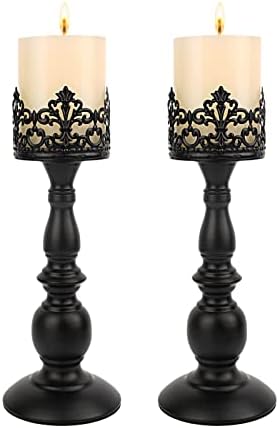 Candle Holders for Pillar Candles Gothic Matte Black Vintage Tall Candle Holders Set of 2 Decorative Large Table Centerpieces Candle Stand Decor (Black 2PCS A) by DRELIFAM