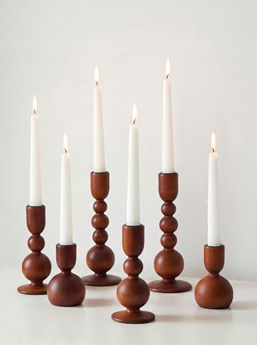 NUPTIO Wooden Taper Candle Holders, Set of 6 Brown Candlesticks by Nuptio
