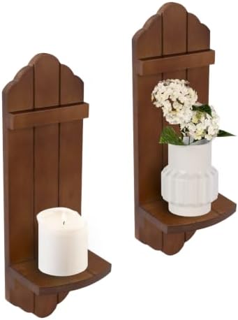 Wall Candle Sconces Set of Two, Rustic Wood Wall Candle Holder Decor, Farmhouse Wooden Candle Holder Wall Decorations for Fireplace, Hallway, Living Room, Bedroom, Walnut Wood Color by CEDARLUX