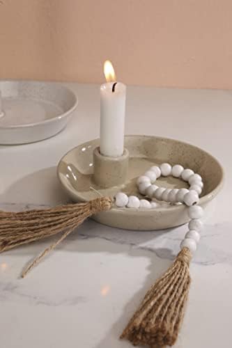 DN DECONATION Ceramic Candle Holder, Boho Candlestick Holder with Round Plate for Taper Candles, Unique Farmhouse Porcelain Candle Stick Holder for Meditation/Yoga Room Home Wedding Decor(Gray) by DNDECONATION
