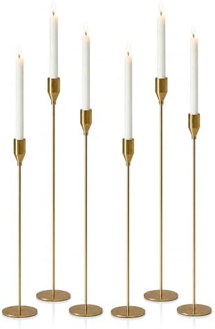 Upgraded Chrome Taper Candle Holders Set of 6, Vintage Brass Long Skinny Candlestick (Heights: 9/11/13 Inch), Heavy Iron Anti-Slip Base for Fireplace Table Centerpiece Wedding Decor by Unknown