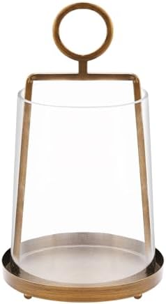 9" Wide Modern Farmhouse Metal Hurricane Candle Holder with Handmade Sturdy Glass Sleeve in Vintage Brass for Pillar Candle & Plants, Glass Hurricane Lantern, Industrial, Minimalistic by Unknown