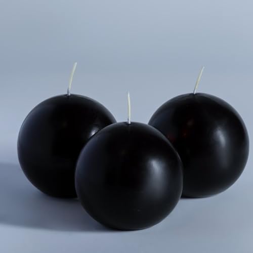 MOZEAL Hand-Poured, 3 Inch Black Round Ball Candles - Elegant Black Round Pillar Candles Set of 3, Dripless, Unscented, Smokeless, Ideal for Halloween Decor. by MOZEAL