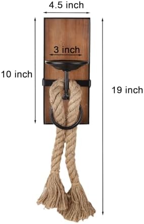 Wall Sconce Candle Holder Black Wall-Mount Metal and Wooden Candle Holders Hanging Iron Wall Candle Sconce Holder with Hemp Rope Decoration, for Home, Living Room, Bathroom, Dining Room, Set of 2 - Image 3