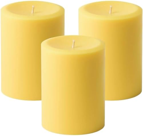 Mister Candle Dripless Unscented Yellow Pillar Candles, Set of 3 Hand Poured Solid Color Non-Scented Candles for Home Decor, Premium Wax, 60 Hr Burn Time - 3x4 Inch, Yellow by MisterCandle