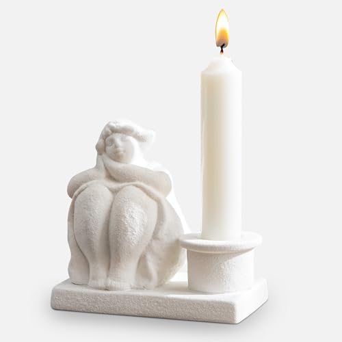 White Candle Holder, Handmade Ceramic Girl Candlestick Holders, Taper Candlelight Stand for Home Decor, Table Centerpiece and Coffee Table Decor by Kendiis