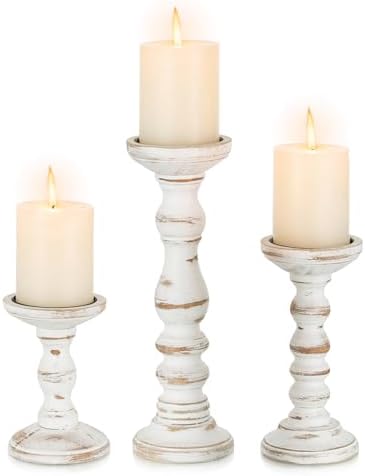Romadedi Pillar Wood Candle Holders, Whitewashed Brown, Set of 3 by ROMADEDI