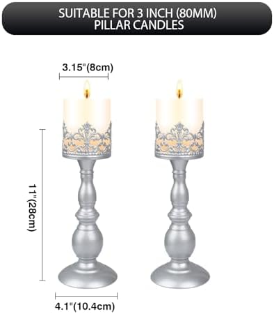 Candle Holders for Pillar Candles Gothic Matte Pearl Silver Tall Candle Holders Set of 2 Decorative Large Table Centerpieces Candle Stand Decor (Pearl Silver 2PCS A) - Image 3