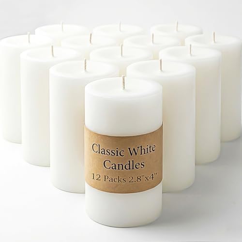Pillar Candles White 12 Pack, 2.8x4 Inch Unscented Candle by MOSROAD