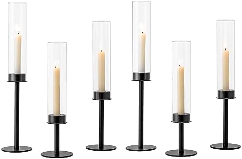 Hewory Black Candlestick Holders: 6PCS Glass Hurricane with Metal Base by Hewory