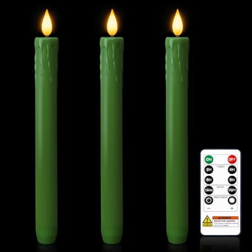 Homemory 3 Pcs Waxy Green Flameless Taper Candles with Remote Timer, LED Fake Candlesticks, 9.6 Inches Battery Tall Candle with 3D Flickering Flame for Wedding, Dinner, Christmas Anniversary Decor by Homemory