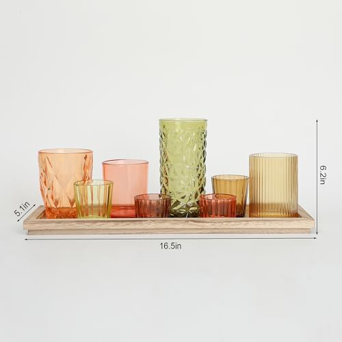 Votive Candle Holders Set with Wooden Tray - 8 Piece Rustic Colored Glass Candlestick & Solid Wood Centerpiece Decor for Mantel, Dining Table, Farmhouse Wedding Decor - Image 2