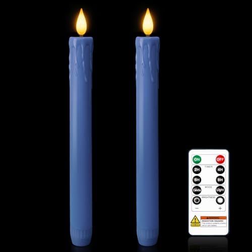Homemory 9.6 Inches Real Wax Blue Flameless Taper Candles with Remote Timer, 2 Pcs LED Fake Candlesticks, Battery Candle with 3D Flickering Flame for Wedding, Dinner, Xmas Anniversary Decor by Homemory