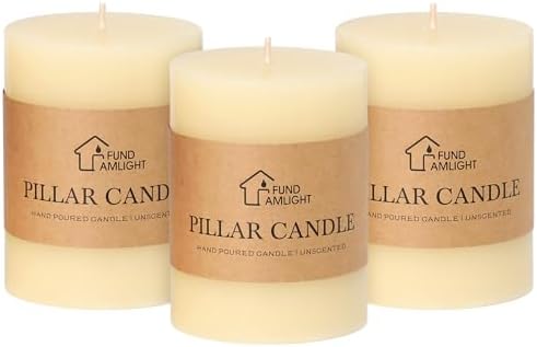 3x4 Inch Ivory Pillar Candles Set of 3 Hand-Poured Unscented Pillar Candles by FUNDAMLIGHT