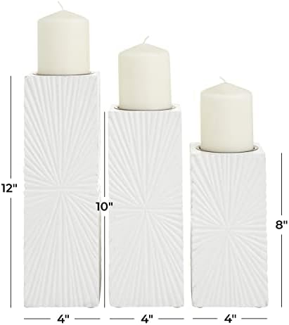 CosmoLiving by Cosmopolitan Wood Geometric Carved Pillar Candle Holder, Set of 3 12", 10", 8"H, White - Image 6