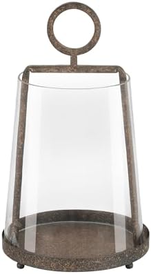 9" Modern Farmhouse Metal Hurricane Candle Holder with Handmade Sturdy Glass Sleeve in Rustic Brown for Pillar Candle & Plants, Glass Hurricane Lantern, Industrial, Minimalistic by Unknown