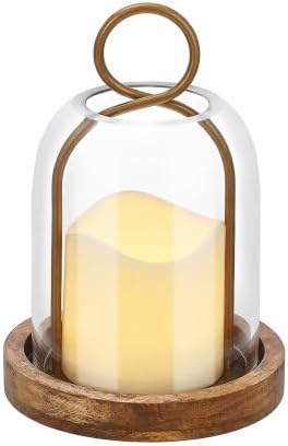 7.5" High Versatile Vintage Brass Metal Candle Holder with Handmade Sturdy Glass Dome and Natural Wooden Base for Pillar Candle & Plants, Industrial, Farmhouse, Shabby Chic, Display Cloche Bell Jars by Unknown