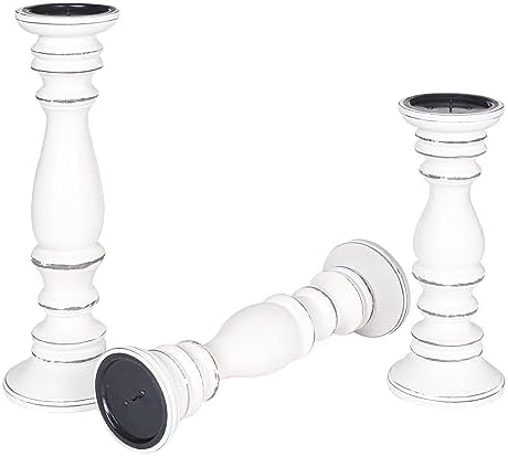 Hand-Carved Wooden Pillar Candle Holders Set of 3, Rustic Mango Wood with White Antique, Decorative Carved Design Table Centerpiece Décor - 16", 14", 12" - Image 2