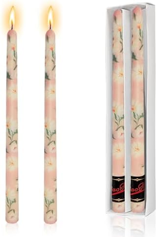 NJAO HOO Flower Candlesticks 10 in Straight Taper Candles Pink Hand Printing Daisy Candlesticks Floral Tall Tapered Candle for Home Garden Decor Simple Modern, 2Pcs by NJAOHOO