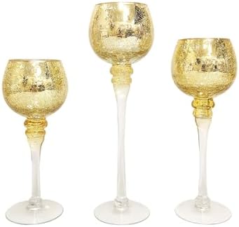 Hosley Set of 3 Crackle Gold Glass Tealight Holders 9 Inches 10 Inches and 12 Inches High Ideal for Weddings Special Events Parties Also Makes a Great Gift O9 by HOSLEY
