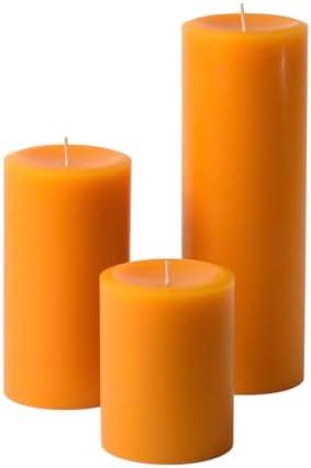 Mister Candle Unscented Dripless Pillar Candles Set of 3, Hand Poured 3 Inch Candles, Premium Wax, Decorative Pillar Candles, (3" x 4", 3" x 6", and 3" x 9", Orange) by MisterCandle