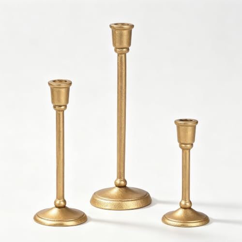 Gold Taper Candle Holders Set of 3, Antique Brass Finish by Wenbery