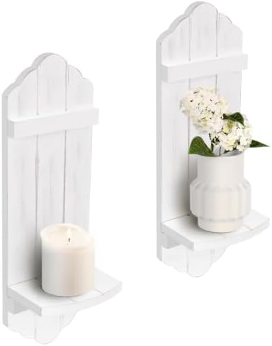 Wall Candle Sconces Set of Two, Rustic White Wood Wall Candle Holder Decor, Farmhouse Wooden Candle Holder Decorations for Fireplace, Hallway, Living Room, Bedroom by CEDARLUX