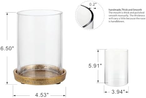 4" Wide Glass Hurricane Candle Holder with Cast Iron Base in Antique Gold for Pillar, Thick and Sturdy Glass Cylinder, Farmhouse, Shabby Chic for Mantels, Tabletops, Centerpieces, Entryways - Image 2