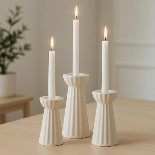 Honeydak Set of 3 Ceramic Taper Candle Holder Cream White, Matte Fluted by Honeydak