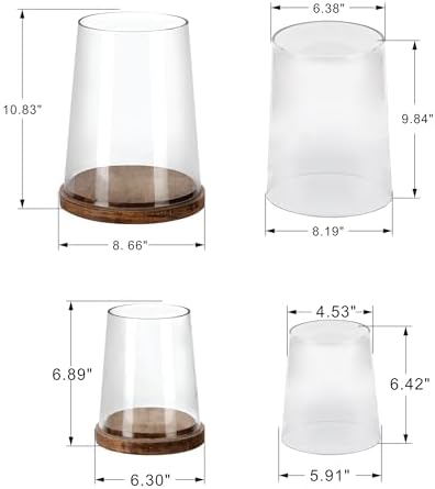 Set of 2 Glass Hurricane Candle Holders with Handmade Sturdy Glass Sleeves and Vintage Natural Wood Base for Pillar Candle & Plants, Industrial, Farmhouse, Display Cloche Bell Jars, Table Centerpiece - Image 2