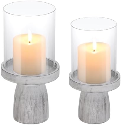 4" & 5" Glass Hurricane Candle Holders with Distressed White Solid Wooden Base in Set of 2, Decorative Centerpiece for Home, Coffee Table, Fireplace Mantel, Wedding, Modern Farmhouse Style by Unknown