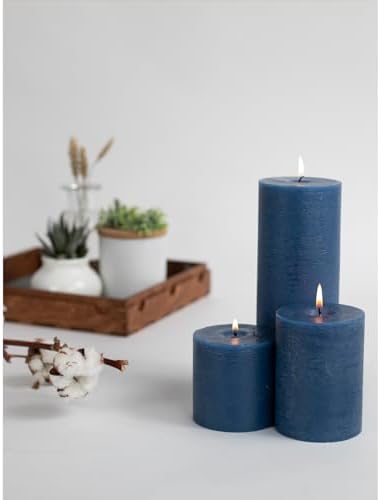 CANDWAX Assorted Pillar Candles Set of 3 – Sizes 3", 4", 8" Unscented Dripless Large Candles, Rustic Style Long Burning for Weddings, Decor – Dark Blue - Image 5