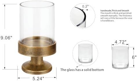 5" Wide Glass Hurricane Candle Holders and Glass Vase with Metal Base in Antique Gold, Handmade and Sturdy Glass, Pillars, Flower Arrangement, Centerpiece, Dining Table, Console Table, Mantel - Image 2