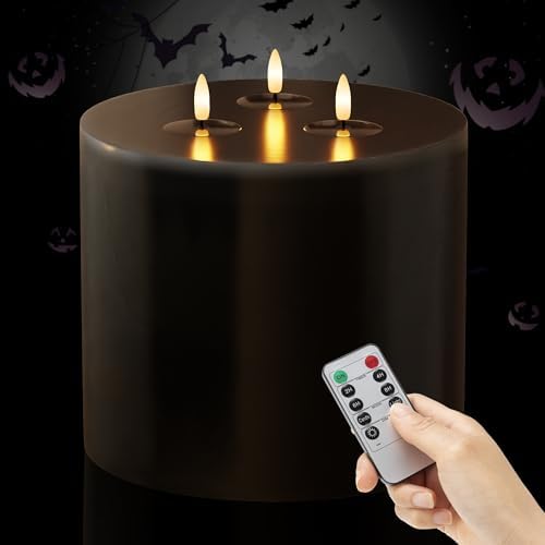 Extra Large Black Flameless Candles with 3 Wicks, 6"x6" Real Wax Halloween Candles with Remote, Battery Operated Candle Flickering LED Candles Fake Candle for Halloween, Home, Party by AFINETH
