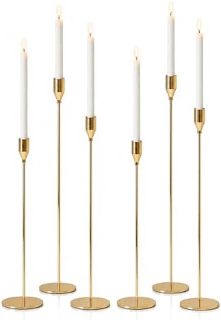 Upgraded Chrome Taper Candle Holders Set of 6, Champagne Gold Long Skinny Candlestick (Heights: 9/11/13 Inch), Heavy Iron Anti-Slip Base for Fireplace Table Centerpiece Christmas Decor by Unknown