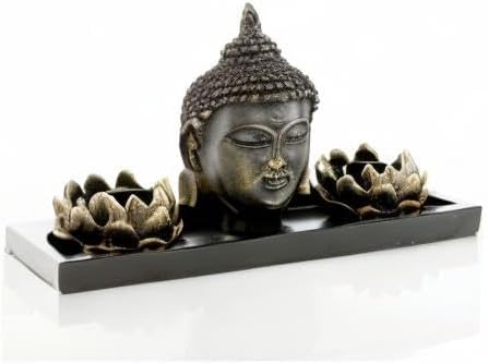 MyGift Resin Buddha Head Zen Garden Set with Lotus Tealight Holders & Tray - Image 6