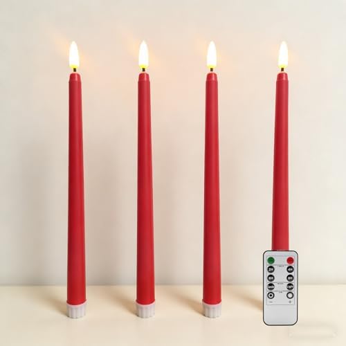 Red Flameless Taper Candles LED Candlesticks with Remote Set of 4 by Ni-JASW