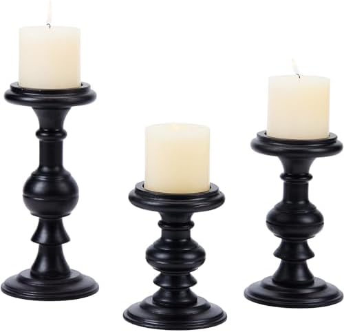 Set of 3 Rustic Black Wood Pillar Candle Holder by THORNIA