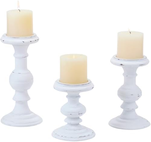Set of 3 Rustic White Wood Pillar Candle Holder by THORNIA