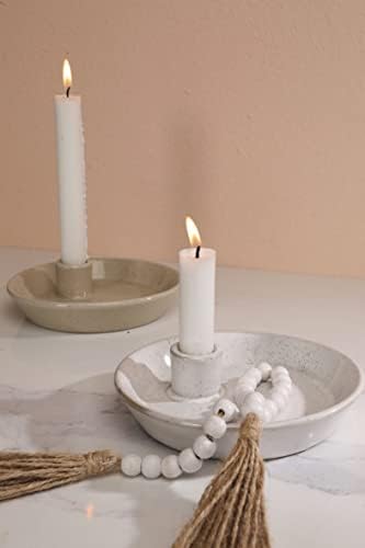 DN DECONATION White Ceramic Candle Holders, Modern Candlestick Holder with Tray, Boho Candle Holder, Unique Round Stoneware Candle Holder for Taper Candles, Halloween Christmas Fall Decor - Image 6