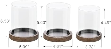 Set of 3 Glass Hurricane Candle Holders for Pillars with Vintage Natural Solid Wood Bases Crafted from Pine, Farmhouse Candlestick Holder, Centerpieces for Home, Garden, Table, Mantel, Wedding, Party - Image 2
