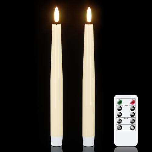 GenSwin LED Taper Candles, Flameless Taper Candles Battery Operated with Remote Timer, Set of 2 Real Wax White Flameless Candlesticks with 3D Flickering Flame for Home Wedding Decor (0.78” x 9.84”) by GenSwin