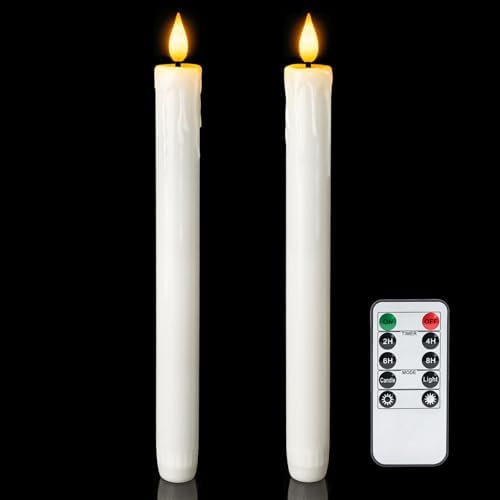 Homemory Real Wax Flameless Taper Candles with Remote Timer, 9.6 Inches White LED Flameless Candlesticks, Dripless Battery Operated Window Candles Flickering Pack of 2 for Fireplace Xmas Halloween by Homemory