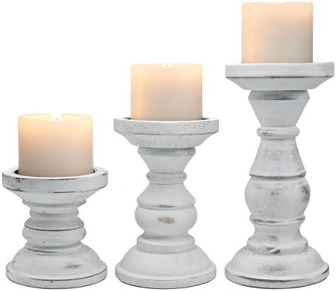 Wood Candle Holder for Pillar Candle Set of 3, Farmhouse Candle Holder Decor, Rustic Wooden Candle Stand, Vintage Tall Candle Stand Decorative for Living Room, Table Centerpiece,Rustic White by Unknown