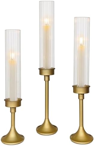 Gold Hurricane Candle Holders - Brass Candlestick Holders Set of 3 by Unknown