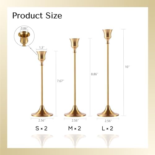 Brass Gold Candlestick Holders Set of 6, Taper Candle Holder for Candlesticks, Antique Vintage Candle Stick Candle Holders for Table Centerpieces Mantel Wedding Home Christmas Decorations - Image 2