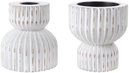 TRENDIN Reversible Rustic Pillar Candle Holders Set of 2, Distressed White Wood Candle Stand Set for Table, Fluted Farmhouse Wooden Candlestick Holders for Fireplace Mantel, Dining Room Decor by TRENDIN
